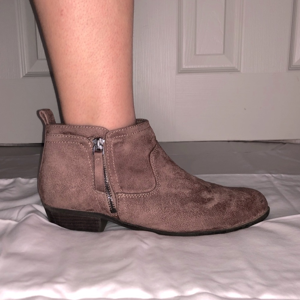 muted-brown suede zip-up low-ankle heeled boots